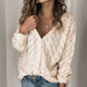 Crochet Hollow V-neck Long-sleeved Single-breasted Cotton And Cashmere Sweater (Color:Apricot Size:M)