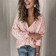 Crochet Hollow V-neck Long-sleeved Single-breasted Cotton And Cashmere Sweater (Color:Pink Size:XL)