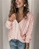 Crochet Hollow V-neck Long-sleeved Single-breasted Cotton And Cashmere Sweater (Color:Pink Size:XL)