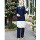 Women Muslim Contrasting Color Top Pants Suit (Color:Navy Blue Size:XXL)