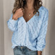 Crochet Hollow V-neck Long-sleeved Single-breasted Cotton And Cashmere Sweater (Color:Blue Size:XL)