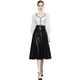 Autumn Winter Lantern Sleeve Knitted Sweater + High Waist Leather Skirt Suit (Color:Black White Size:M)