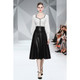 Autumn Winter Lantern Sleeve Knitted Sweater + High Waist Leather Skirt Suit (Color:Black White Size:S)