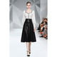 Autumn Winter Lantern Sleeve Knitted Sweater + High Waist Leather Skirt Suit (Color:Black White Size:L)