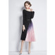 Mid-length Gradient Pleated Stitching Long-sleeved Knitted Dress (Color:Black Size:S)