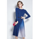 Mid-length Gradient Pleated Stitching Long-sleeved Knitted Dress (Color:Blue Size:S)