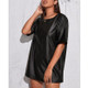 Loose Casual PU Leather Short Sleeve T-shirt For Ladies (Color:Black Size:S)
