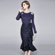 Bright Silk Sweater + Irregular Plaid Pattern One-piece Ruffle Skirt Suit (Color:Dark Blue Size:S)