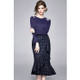 Bright Silk Sweater + Irregular Plaid Pattern One-piece Ruffle Skirt Suit (Color:Dark Blue Size:S)