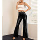 Loose Casual Flared Trousers PU Leather Pants For Ladies (Color:Black Size:M)