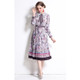 Early Spring Long-sleeved Lapel Printed Big Swing Dress (Color:Light Purple Size:M)