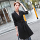 Suit Tie Waistband Waist Slit Windbreaker Trench Coat Long Cardigan Jacket (Color:Black Size:L)