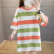 Loose Striped Small Zou Ju Short Sleeve Casual T Shirt Women (Color:Green Size:XXL)