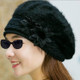 Autumn and Winter Women Rabbit Fur Plus Velvet Flower Knitted Warm Hat Beret, Size:One Size(Black)