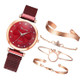 Ladies Magnet Buckle Watch Casual Flower Dial Watch Alloy Mesh Quartz Watch(Red+Bracelet)