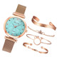 Ladies Magnet Buckle Watch Casual Flower Dial Watch Alloy Mesh Quartz Watch(Gold Sky Blue+Bracelet)