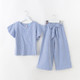 M582 Girls Summer Striped Top Loose Wide-leg Pants Two-piece Suit, Appropriate Height:140cm(Blue)