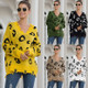 Fashion Leopard V-neck Hole Knit Sweater (Color:Khaki Size:S)