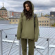 Spring Autumn Solid Color Big Pocket Casual Hooded Sweater + Trousers Set for Women (Color:Army Green Size:M)