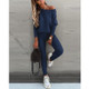 2 in 1 Autumn Pure Color Slanted Shoulder Long Sleeve Sweatshirt Set For Ladies (Color:Dark Blue Size:XL)