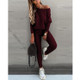 2 in 1 Autumn Pure Color Slanted Shoulder Long Sleeve Sweatshirt Set For Ladies (Color:Wine Red Size:S)