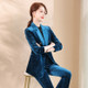 Autumn Winter Smooth Lapel Gold Velvet Fabric Suit Jacket + Trousers Suit for Ladies (Color:Blue Size:S)