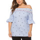 Star Pattern One-shoulder Lotus Leaf Sleeve Loose Large Size Shirt (Color:Blue Size: XXXXL)