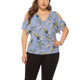 Floral Pineapple Pattern Off-Shoulder V-neck Loose Large Size Top (Color:Blue Size:XXL)