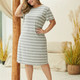 Wild Striped Round Neck Short-sleeved Slim A-line Dress Large size Women Mid-skirt (Color:Gray Size:XL)