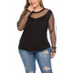 Mesh Stitching Perspective Long Sleeve Large Size Top (Color:Black Size:XXL)