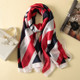 Women Flowers Elegant Imitated Silk Fabric Red Navy Blue Vertical Bar Pattern Shawl Sunscreen Beach Scarf, Size: 90*180cm