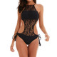 Sexy One Piece Solid Color Backless Hollow Lace Tight Swimsuit for Women, Size:M(Black)