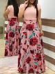 Short Sleeve Printed Round Neck Slim Dress (Color:Pink Size:S)