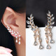 Women Crystal Leaf Fringed Earrings Gold