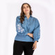 Plus Size Women Printed Embroidered V-Neck Denim Long Sleeve Blouse (Color:Blue Size:XXL)