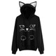 Solid Black Hooded Top Cute Cat Hoodie Warm Womens Sports Sweater, Size:S(Black)