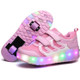 WS01 LED Light Ultra Light Mesh Surface Rechargeable Double Wheel Roller Skating Shoes Sport Shoes, Size : 27(Pink)