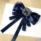 Women Vintage Satin Fabric Bow Tie Square Rhinestone Bow-knot Brooch(Blue)