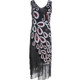 Women Tassel Beaded Tuxedo Dress (Color:Black Size:L)