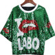 Women Lip Sequin Round Neck Short Sleeve T-Shirt Costume (Color:Green Size:One Size)