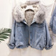 Velvet Thick Denim Jacket Female Winter Big Fur Collar Locomotive Lamb Coat Female Student Short Coat, Size:XXL(Gray)