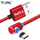 TOPK 2m 2.4A Max USB to USB-C / Type-C 90 Degree Elbow Magnetic Charging Cable with LED Indicator(Red)