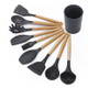 kn082 9 in 1 Wooden Handle Silicone Kitchen Tool Set with Storage Bucket(Black)