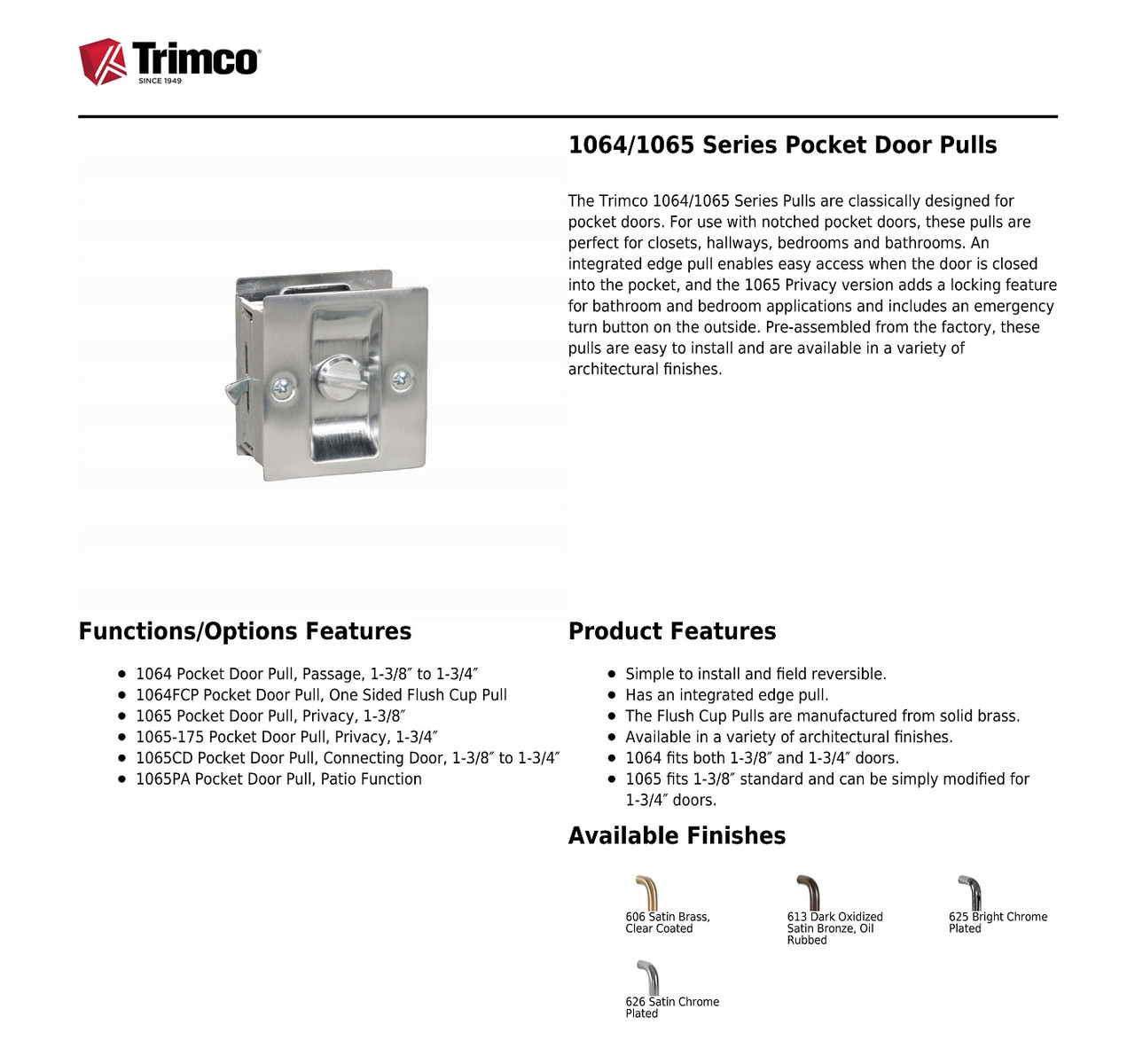 Trimco 1064619 Satin Nickel Passage Pocket Door Pull LocksetsOnly