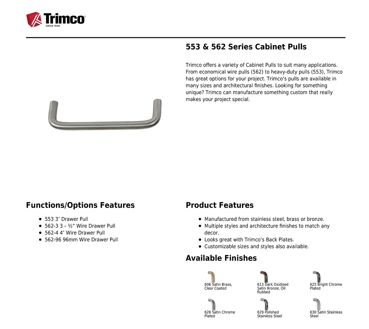 Trimco 5623606 Satin Bronze 31/2" CtoC Drawer Pull LocksetsOnly