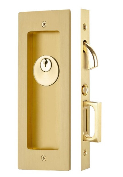 Emtek 2113US4 Satin Brass Modern Rectangular Keyed Pocket Door