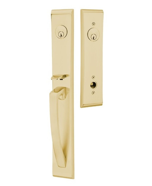 Emtek 4826US4 Satin Brass Modern Brass Orion Tubular Style Double Cylinder Entryset with Your Choice of Handle