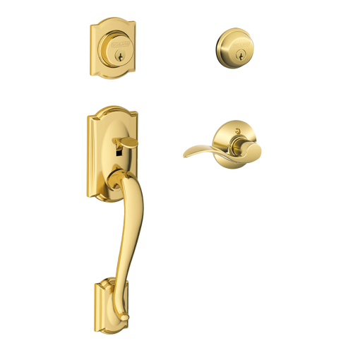 Schlage F62CAM605ACC Bright Brass Camelot Double Cylinder Handleset with Accent Lever