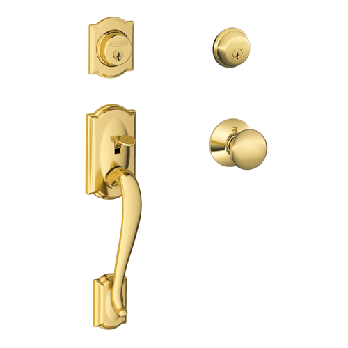 Schlage F62CAM505PLY Lifetime Brass Camelot Double Cylinder Handleset with Plymouth Knob