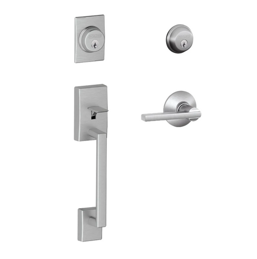 Schlage F62CEN626LAT Satin Chrome Century Double Cylinder Handleset with Latitude Lever